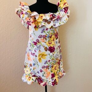 H&M White Off-Shoulder Floral Dress with Yellow & Pink Accents
